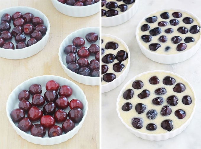 Mini clafoutis aux cerises recette facile ETAPES : mettre les cerises dans le fond des moules à tartelettes beurré, versez l'appareil à clafoutis dessus.