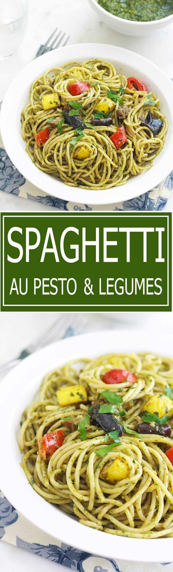 Spaghetti au pesto de basilic et légumes - simple, délicieux et très parfumé. Délicieux en plat principal ou en plat d'accompagnement pour les viandes et poissons grillés ou poêlés. Utilisez du pesto maison ou du commerce. Mais franchement, le pesto maison est tellement plus parfumé et en plus il se fait en 2 minutes! 