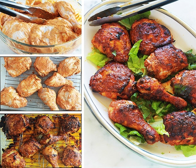 Recette du poulet tandoori au four ou à la poêle. Une recette facile à faire. Le poulet est tendre et très parfumé. C'est un grand classique de la cuisine indienne. Les morceaux de poulet sont marinés dans une sauce à base de yaourt, d'épices et de jus de citron. Vous pouvez l’accompagner avec du riz et d’une sauce raïta (une sauce à base de yaourt qui permet d'adoucir le goût des plats épicés).