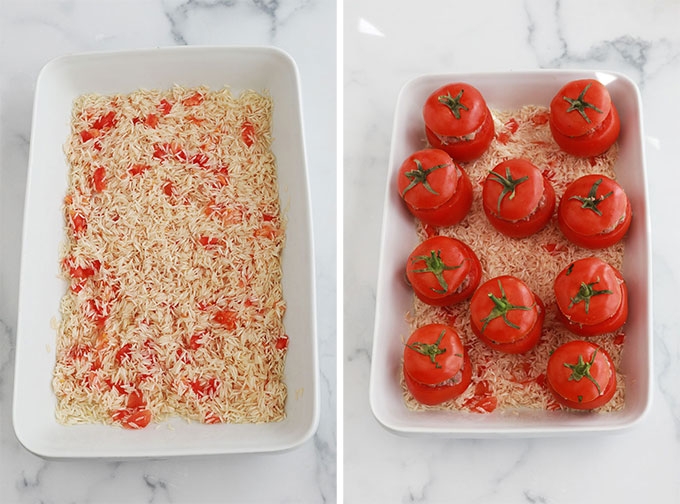 Melangez le riz et la chair et jus de tomates farcir les tomates avec la preparation de viande et les poser sur le riz