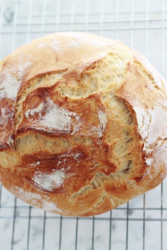 Recette du pain sans pétrissage à la cocotte de Jim Lahey. Avec des astuces pour avoir une mie alvéolée (trous). Pas besoin de connaissances préalables en boulangerie et ne nécessite qu'un minimum d'effort. Idéal pour les débutants en boulangerie mais aussi pour ceux qui n'aiment pas trop pétrir (moi!!). Sans machine à pain, sans robot, sans pétrin.