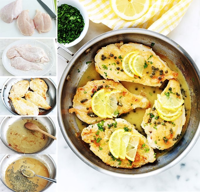 Etapes de la recette du poulet piccata, ou poulet sauce au citron et câpres. Un plat rapide et délicieux. Ce sont des escalopes de poulet dans une sauce onctueuse au citron et aux câpres. La version maison est meilleure que celle du restaurant ! 