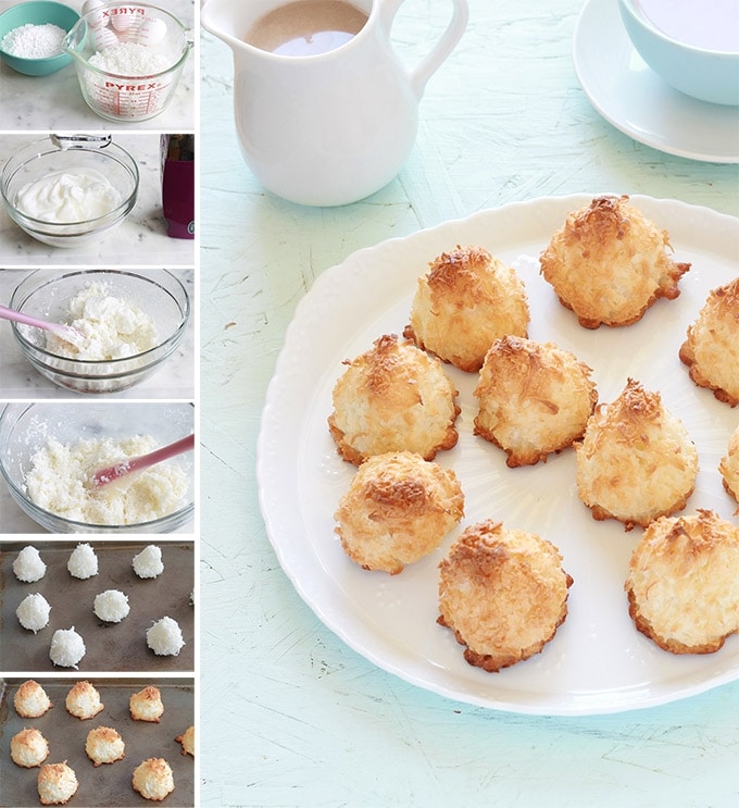 Rochers à la noix de coco (ou rochers coco, congolais), seulement 3 ingrédients, sans farine de blé, sans gluten. Faciles et rapides (15 minutes). Composés de noix de coco râpée, sucre et blancs d'oeufs. Ils sont à la fois moelleux et croustillants.