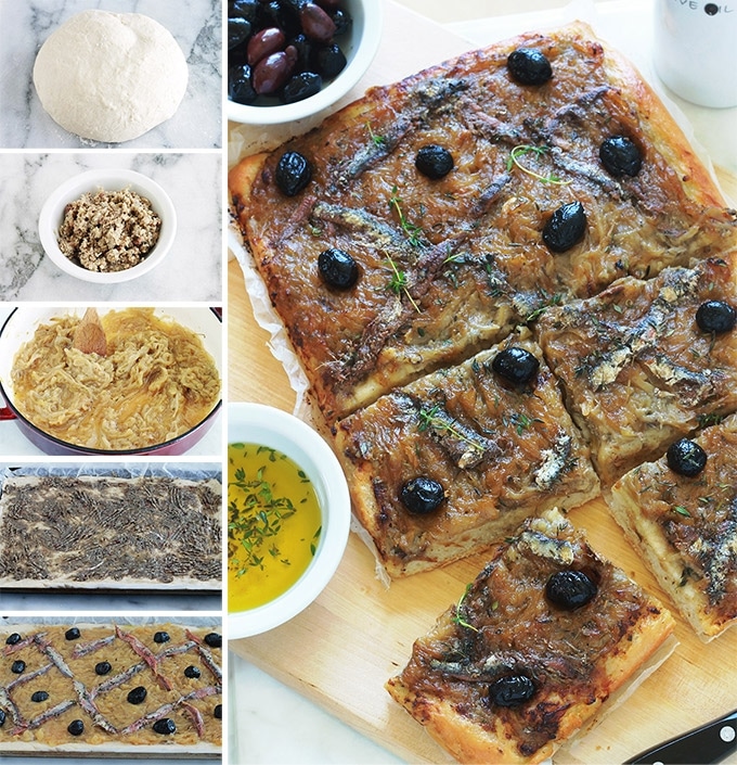 La pissaladière, une recette niçoise avec une pâte à pain ou à pizza, oignons confits et ail, anchois et olives, des herbes aromatiques. Un régal pour les amateurs d’oignons et d’anchois. Dégustez-la chaude ou froide. Avec une petite salade, cela vous fait un bon plat complet.