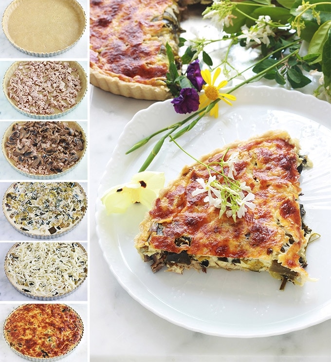 Délicieuse quiche au thon, poireaux, champignons et fromage. Facile et rapide à faire. Avec de la pâte brisée ou feuilletée. Accompagnée d’une salade, ça vous fait un plat complet et économique.