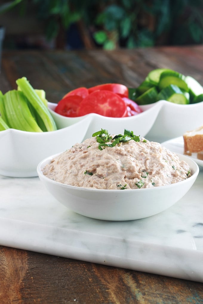 Ces rillettes de thon sont très rapides à faire, à peine 3 minutes. Parce qu’elles sont faites avec du thon en boîte. Composées de peu d’ingrédients : thon en boîte, mayonnaise, ketchup, échalote, jus de citron, épices et herbes aromatiques au goût. Parfaites pour l’apéritif, en entrée, un pique-nique, etc