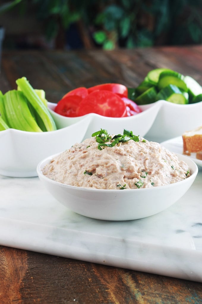 Ces rillettes de thon sont très rapides à faire, à peine 3 minutes. Parce qu’elles sont faites avec du thon en boîte. Composées de peu d’ingrédients : thon en boîte, mayonnaise, ketchup, échalote, jus de citron, épices et herbes aromatiques au goût. Parfaites pour l’apéritif, en entrée, un pique-nique, etc