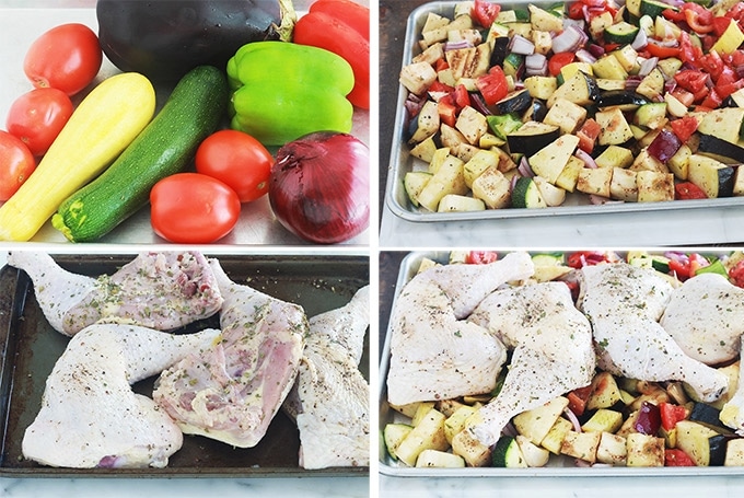 Plat complet très facile et savoureux : des cuisses de poulet rôties au four sur un lit de ratatouille. Les légumes sont aussi rôtis au four avec le poulet : courgettes, aubergines, poivrons, oignons, tomates et gousses d’ail en chemise. Le poulet est tendre et juteux et les légumes confits. Un régal!