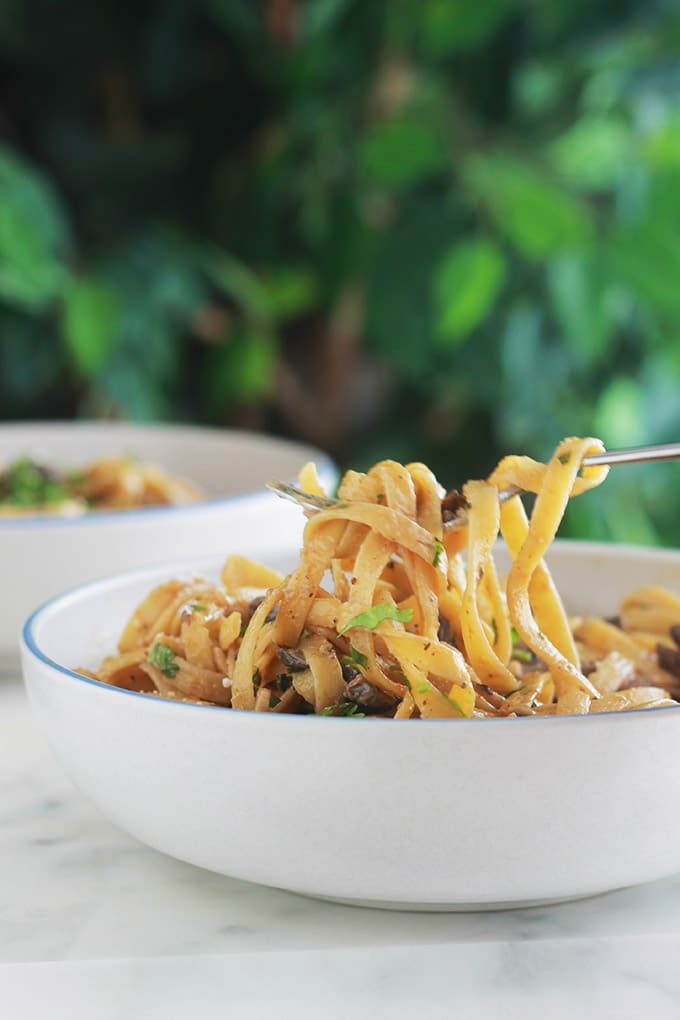 Des pâtes dans une sauce crémeuse aux champignons et fromage. Une recette facile, rapide et tellement délicieuse. La sauce est composée de crème, bouillon, échalote, ail, herbes aromatiques, parmesan (ou autre fromage). A servir comme plat végétarien ou en plat d’accompagnement pour une viande.