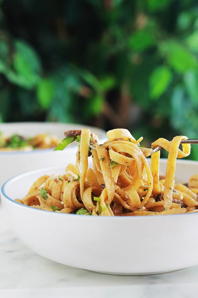 Des pâtes dans une sauce crémeuse aux champignons et fromage. Une recette facile, rapide et tellement délicieuse. La sauce est composée de crème, bouillon, échalote, ail, herbes aromatiques, parmesan (ou autre fromage). A servir comme plat végétarien ou en plat d’accompagnement pour une viande.