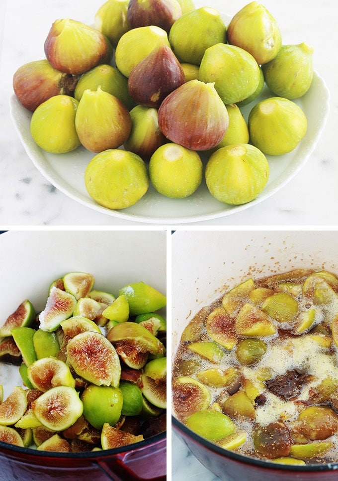 Etapes confiture de figues - figues fraiches nettoyees puis maceration avec sucre et jus citron