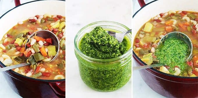 La soupe au pistou est un grand classique de la cuisine provençale. Une soupe estivale facile, avec des légumes d’été frais et des légumineuses, de petites pâtes et du pistou (basilic, ail, huile d’olive). Délicieuse aussi bien chaude que froide. Consistante avec les légumineuses, elle convient aussi pour les végétariens et végétaliens.