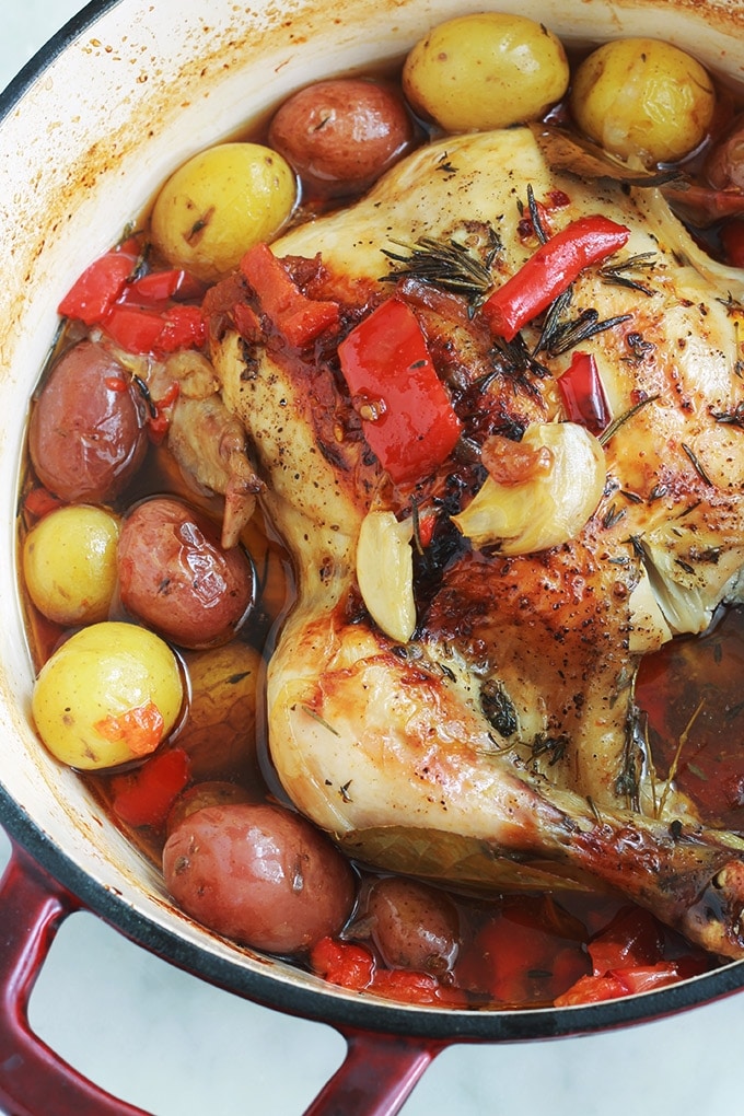 Ce poulet rôti en cocotte au four est très savoureux. La chair du poulet est tendre, fondante et juteuse. Avec les légumes (pommes de terre, poivrons, tomates et oignons) ça vous fait un plat complet, économique et yummy!