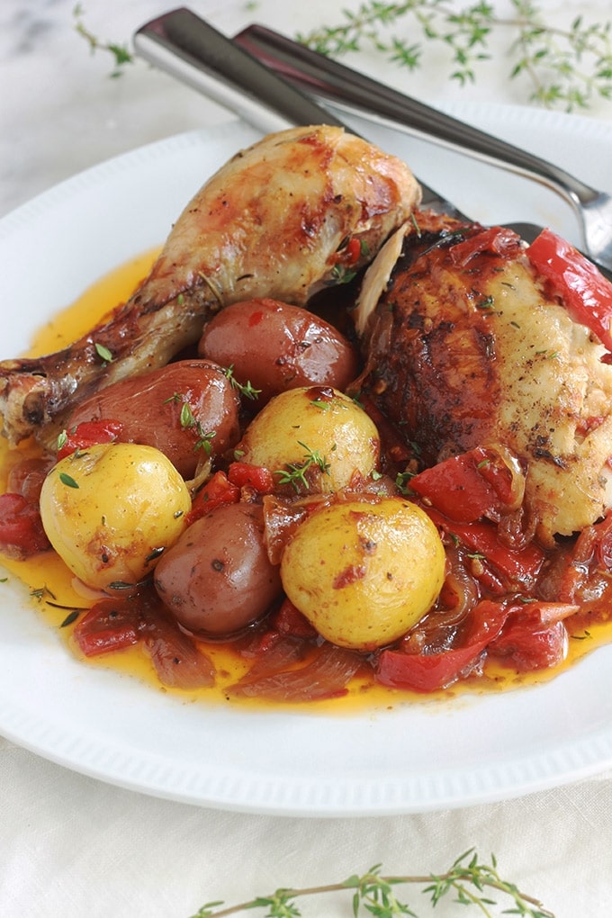 Ce poulet rôti en cocotte au four est très savoureux. La chair du poulet est tendre, fondante et juteuse. Avec les légumes (pommes de terre, poivrons, tomates et oignons) ça vous fait un plat complet, économique et yummy!