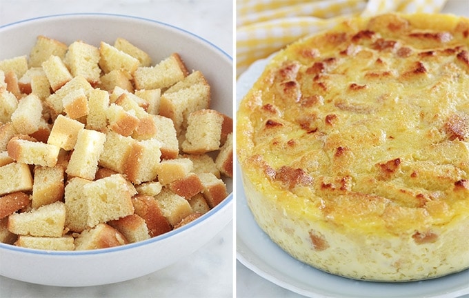 Délicieux pudding aux restes de gâteau, parfumé au citron et à l'eau de fleur d'oranger. Crémeux et tout simple, Une idée pour recycler vos restes de gâteau rassis ou gâteau raté. J’ai utilisé un gâteau quatre-quarts raté et des raisins secs trempés dans de l’eau de fleur d’oranger. Appareil à pudding : oeufs, lait, sucre, arôme. Rapide à préparer et économique.