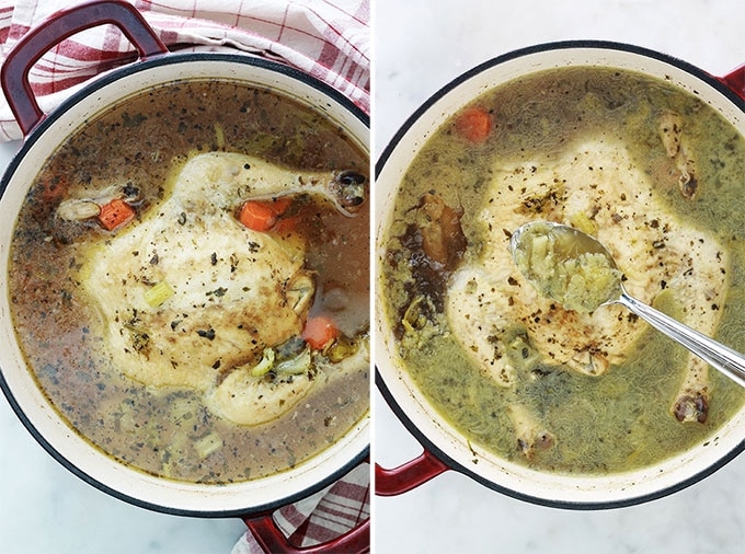 La recette de la soupe de poulet et nouilles à l’américaine. Cette soupe d’hiver aide à renforcer le système immunitaire pour prévenir et combattre le rhume et la grippe. Très simple à faire soi-même et économique : poulet, légumes (carottes, céleri, ail, oignons), épices et herbes fines, bouillon et nouilles.