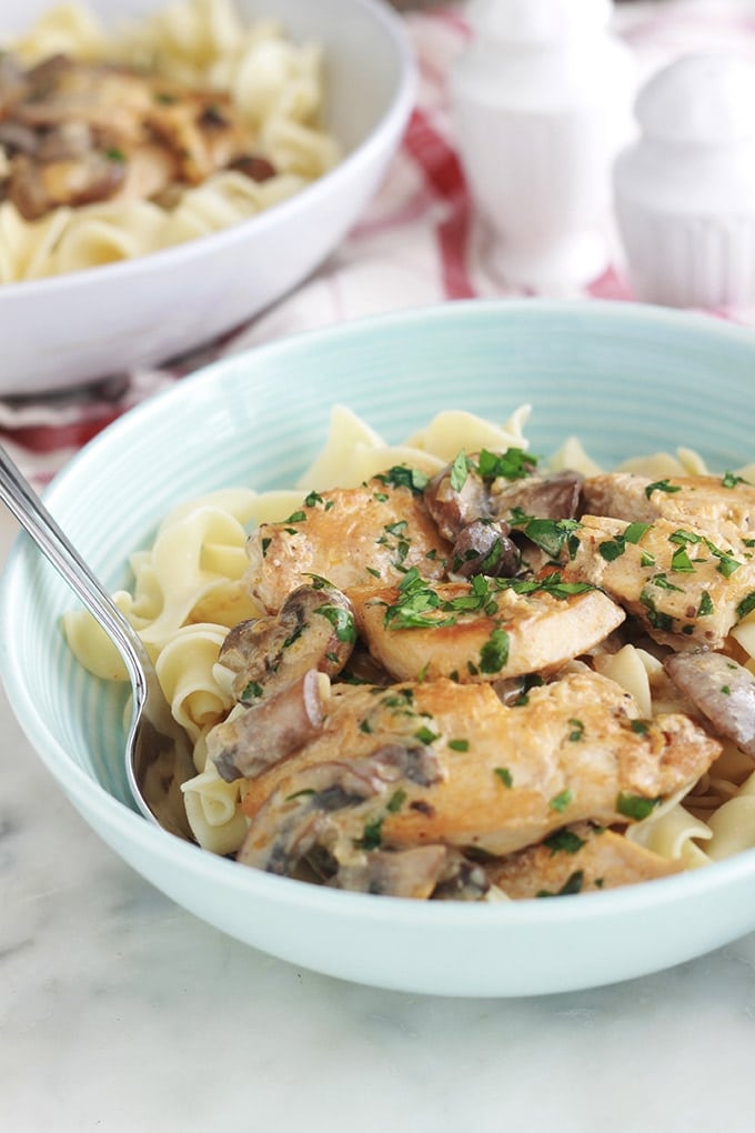 La recette du poulet stroganoff : une variante plus saine et plus économique du classique boeuf stroganoff. Un plat facile et rapide avec peu d’ingrédients : émincé de poulet et champignons une sauce crémeuse à base de crème aigre (crème sure ou crème acidulé). Peut se faire avec du yaourt pour une version encore plus allégée.