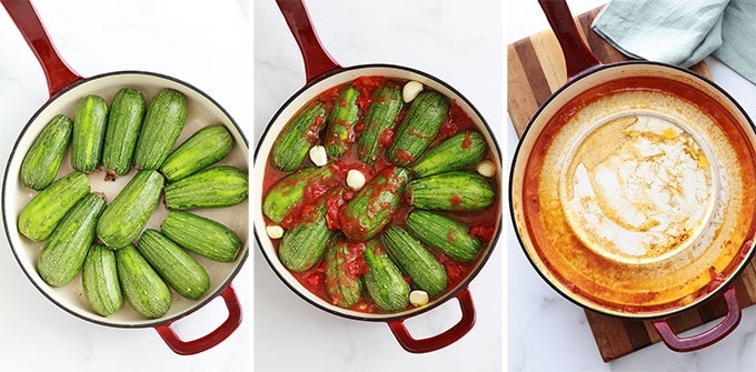 Etapes courgettes farcies a la libanaise : farcir les courgettes et ajouter la sauce tomate et l'ail, couvrez avec une assiette