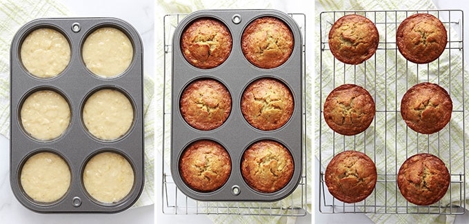 Délicieux muffins à la banane, très moelleux. Sur la base du banana bread classique. Recette facile, rapide et anti-gaspillage (utilise des bananes très mûres). Et pas besoin de batteur électrique!