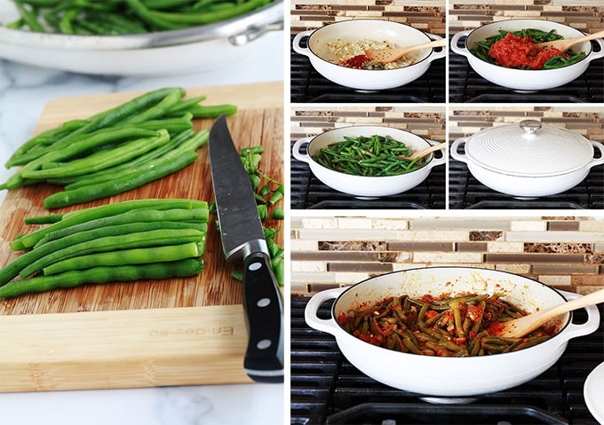 Ces haricots verts mijotés dans une sauce tomate sont très simples à faire et surtout savoureux. Haricots verts (frais, congelés ou en conserve), huile d’olive, oignon, ail, tomates et épices. Pour accompagner des viandes ou en plat végétarien avec du riz / boulgour ou simplement du pain.