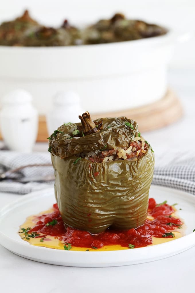 Ces poivrons verts farcis sont un plat complet très simple à faire. Farce à base de riz et de viande hachée. Ils sont cuits au four sur un lit de sauce tomate. Une recette anti-gaspillage qui vous permet d’utiliser un reste de riz cuit et éventuellement des restes de légumes.