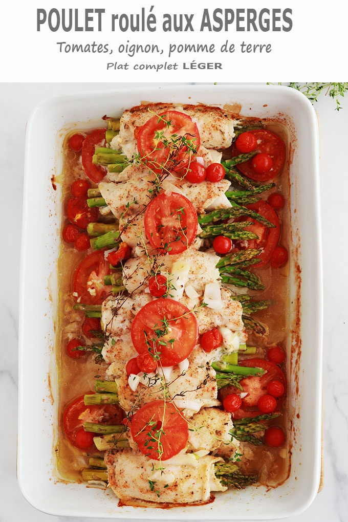 Poulet roulé aux asperges sur lit de tomates