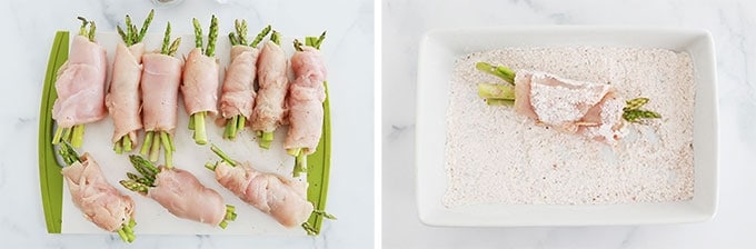 Etapes passer les escalopes de blancs de poulet roulees aux asperges dans la farine epicee