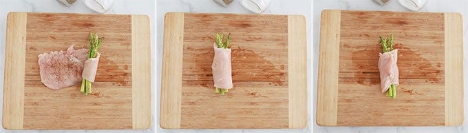 Etapes rouler escalope blanc de poulet sur les asperges et securiser avec un cure dent