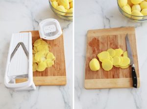 Coupez les pommes de terre en rondelles fines avec une mandoline ou un couteau