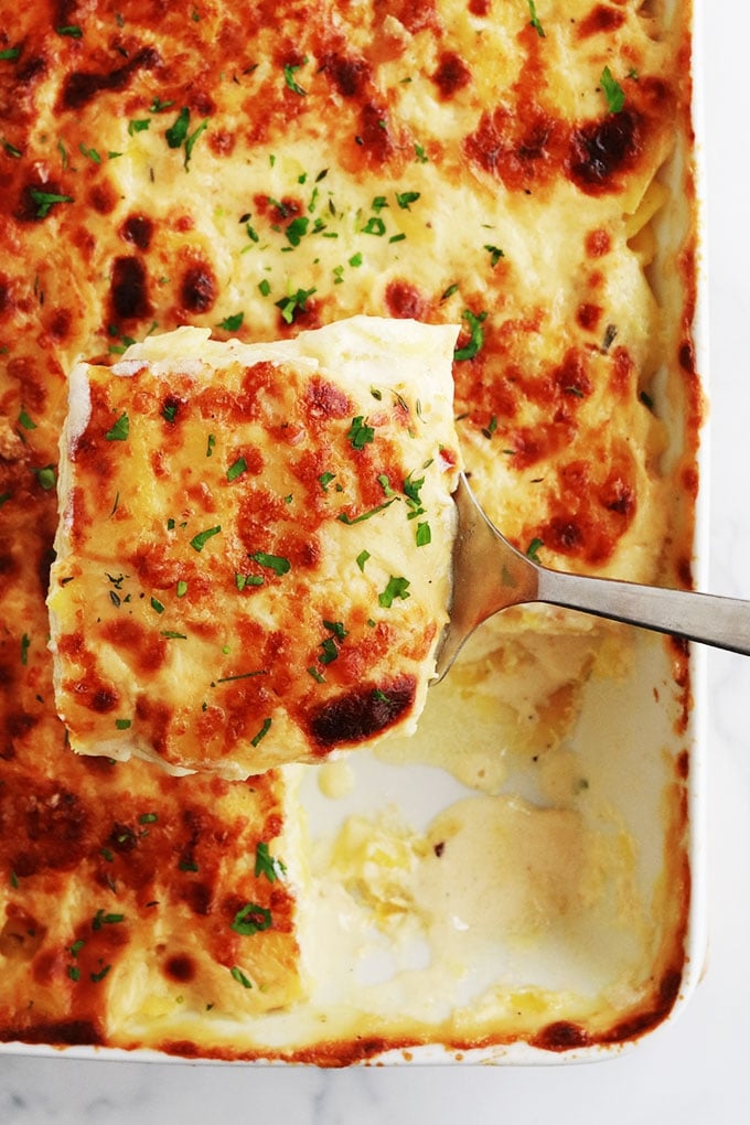 Ce délicieux gratin de pommes de terre est très simple à faire. Recette sans béchamel et sans gluten. Des rondelles de pommes de terre fines précuites dans du lait et/ou crème, puis gratinées au four avec du fromage. Avec ou sans précuisson des pommes de terre. Peut être servi en plat d'accompagnement ou en plat principal.