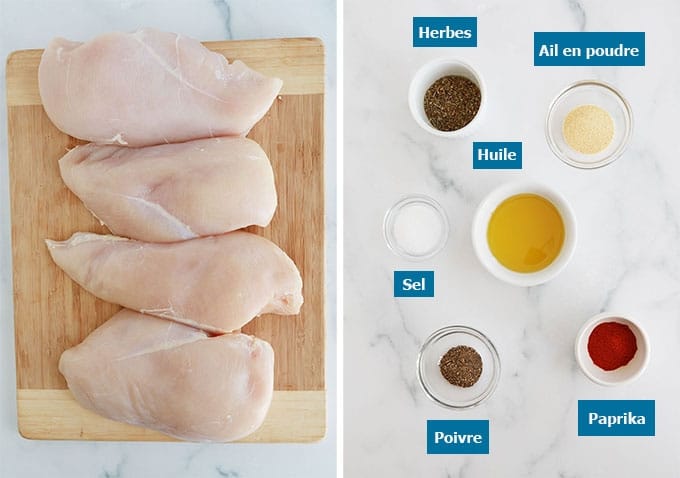 Ingredients blancs de poulet huile et assaisonnements 