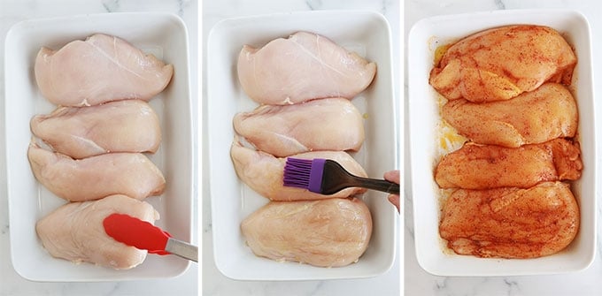 Mettre les blancs de poulet dans un plat a four Huiler et assaisonner