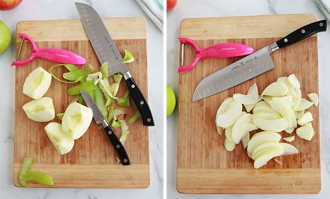 Peler couper les pommes en fines lamelles