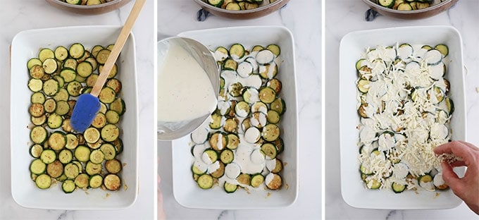 Montage gratin de courgettes couche de courgettes precuites couche de bechamel couche de fromage