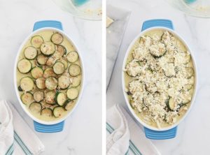 Courgettes et appareil a la creme dans le plat a gratin - parsemer de fromage