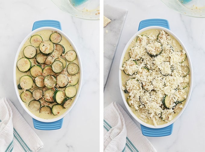 Courgettes et appareil a la creme dans le plat a gratin - parsemer de fromage