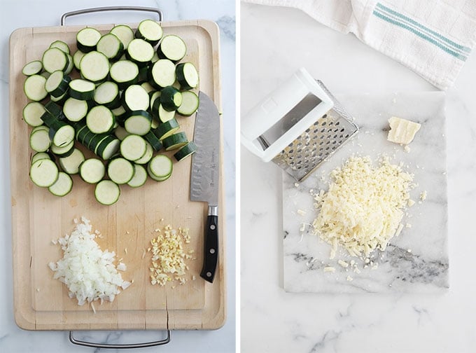 Preparer les ingredients - couper courgettes ail oignon raper le fromage