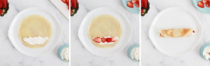 Etape_Fourrer une crepe de chantilly et fraises puis rouler