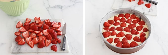 Etape - Couper les fraises et les disposer sur la pate du gateau au yaourt dans le moule