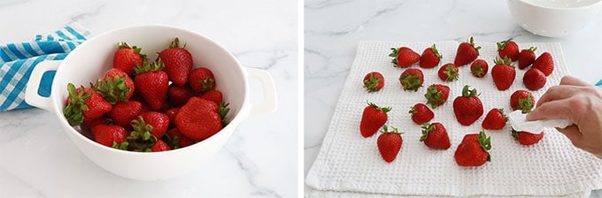 Fraises fraîches dans une passoire et sur un torchon