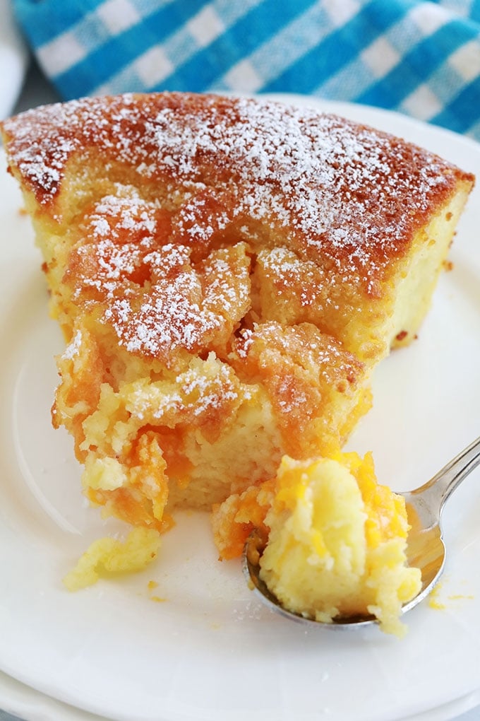 Morceau de clafoutis d'abricot et amande en poudre dans une assiette avec une boule de glace vanille