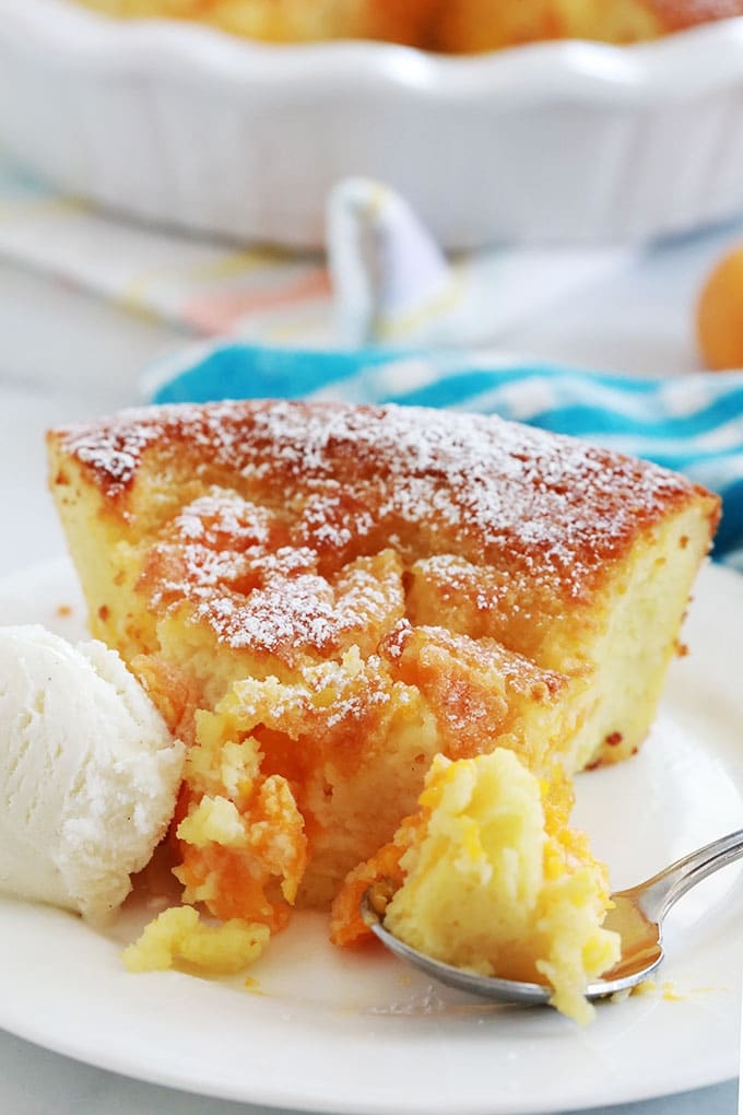 Morceau de clafoutis d'abricot et amande en poudre dans une assiette avec une boule de glace vanille