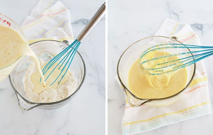 Photo à gauche : verser les ingredients liquides sur les ingredients secs du clafoutis. Photo à droite : consistance de l'appareil à clafoutis.