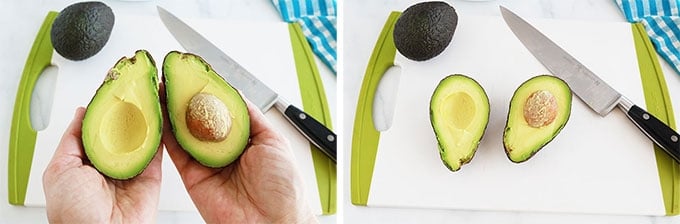 Avocat ouvert en deux avec un couteau