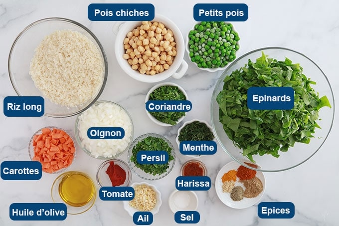 Ingredients du riz aux legumes a la vapeur tunisien