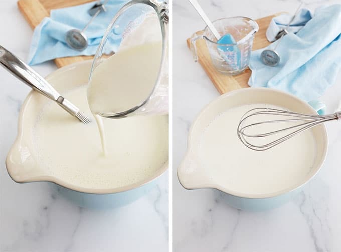 Verser du yaourt dilue dans le bol de lait