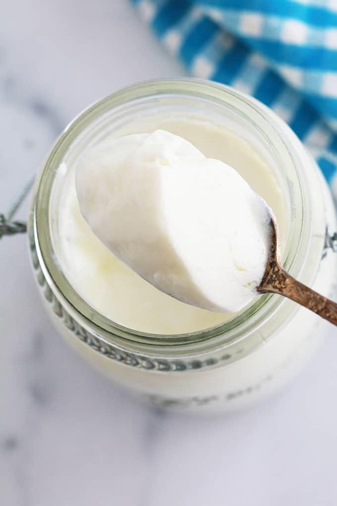 Yaourt / yogourt fait maison dans un gros pot en verre, consistance épaisse