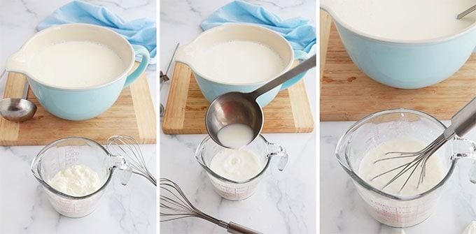 Photo 1 : lait tiedi et yaourt dans un tasse de mesure Photo 2 Diluer le yaourt avec un peu de lait Photo 3 - Melanger le yaourt dilue et le lait restant