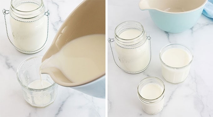 Verser le melange de lait tiedi et yaourt dans des pots en verre
