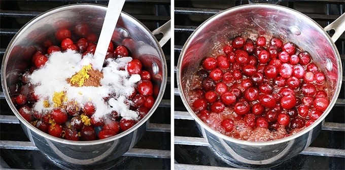 Cranberries (canneberges) dans une casserole sur le feu avec sucre, eau, cannelle, zeste d'orange
